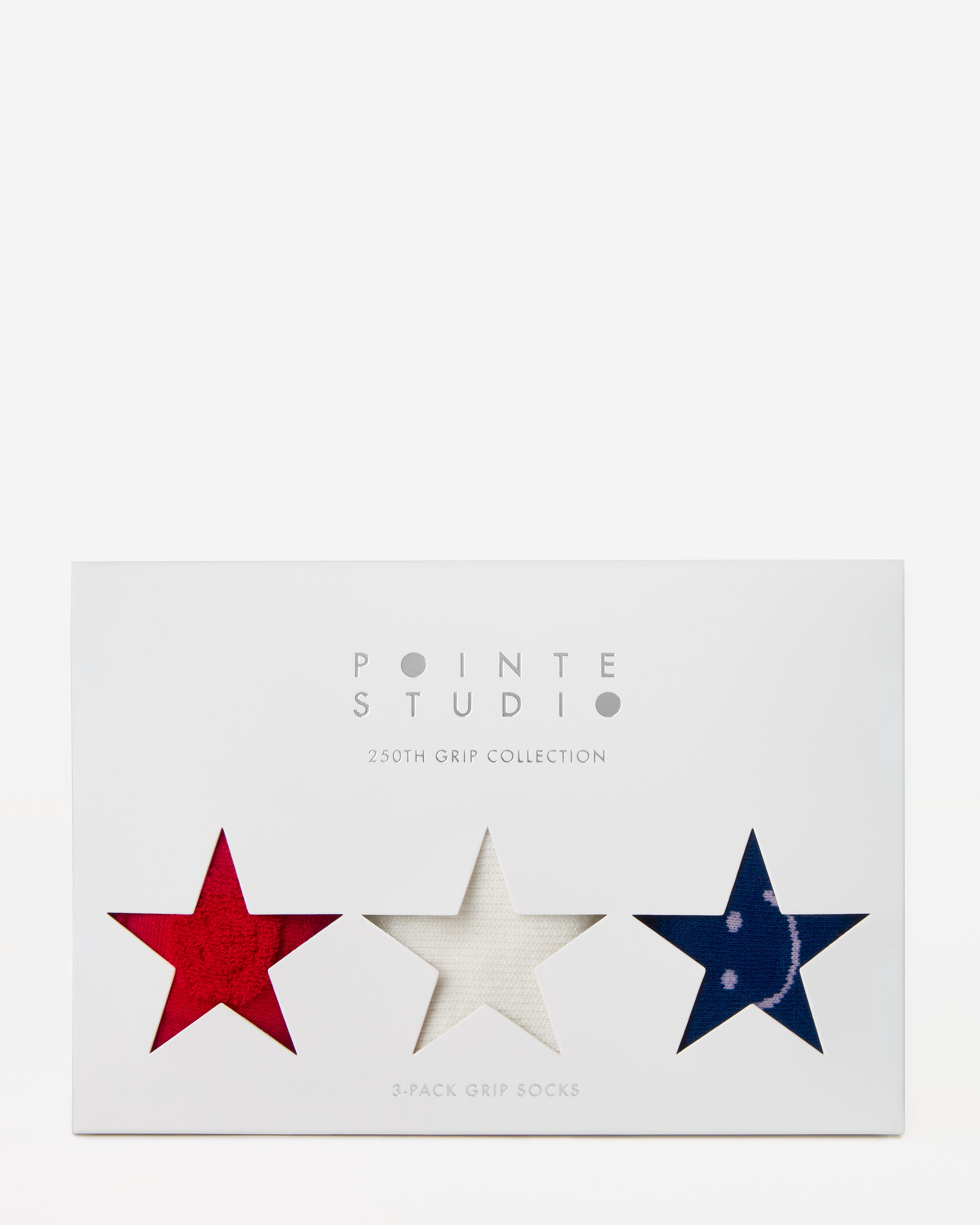A festive americana Pilates Grip Sock Gift Pack  that includes a red, white, and blue pair of full foot grip socks. Made for pilates, barre, yoga, and beyond. 