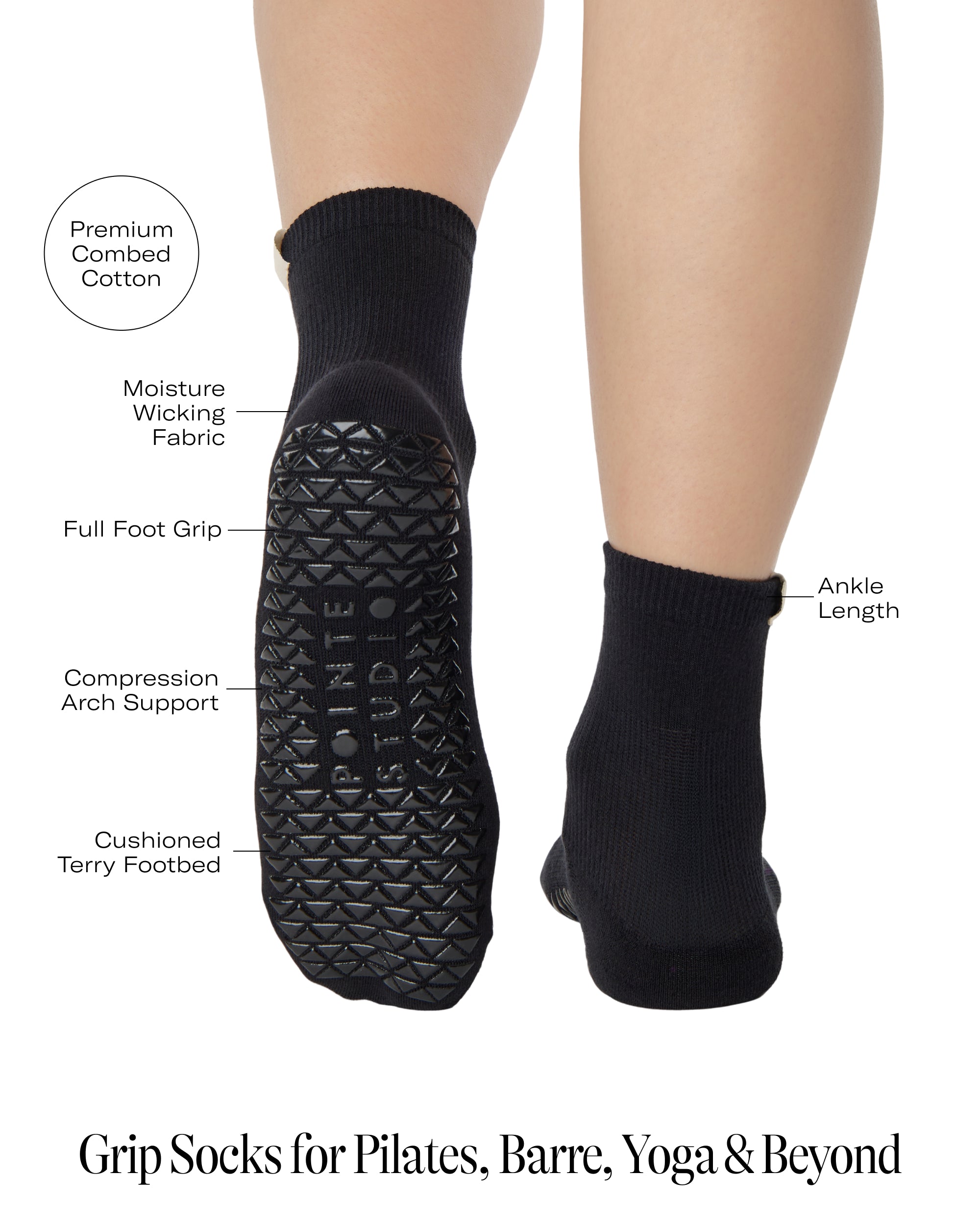 Woman wearing a solid black ankle grip sock with your zodiac sign embroidered on the side. Made for pilates, barre, yoga, and beyond. With a list of all the product features. 