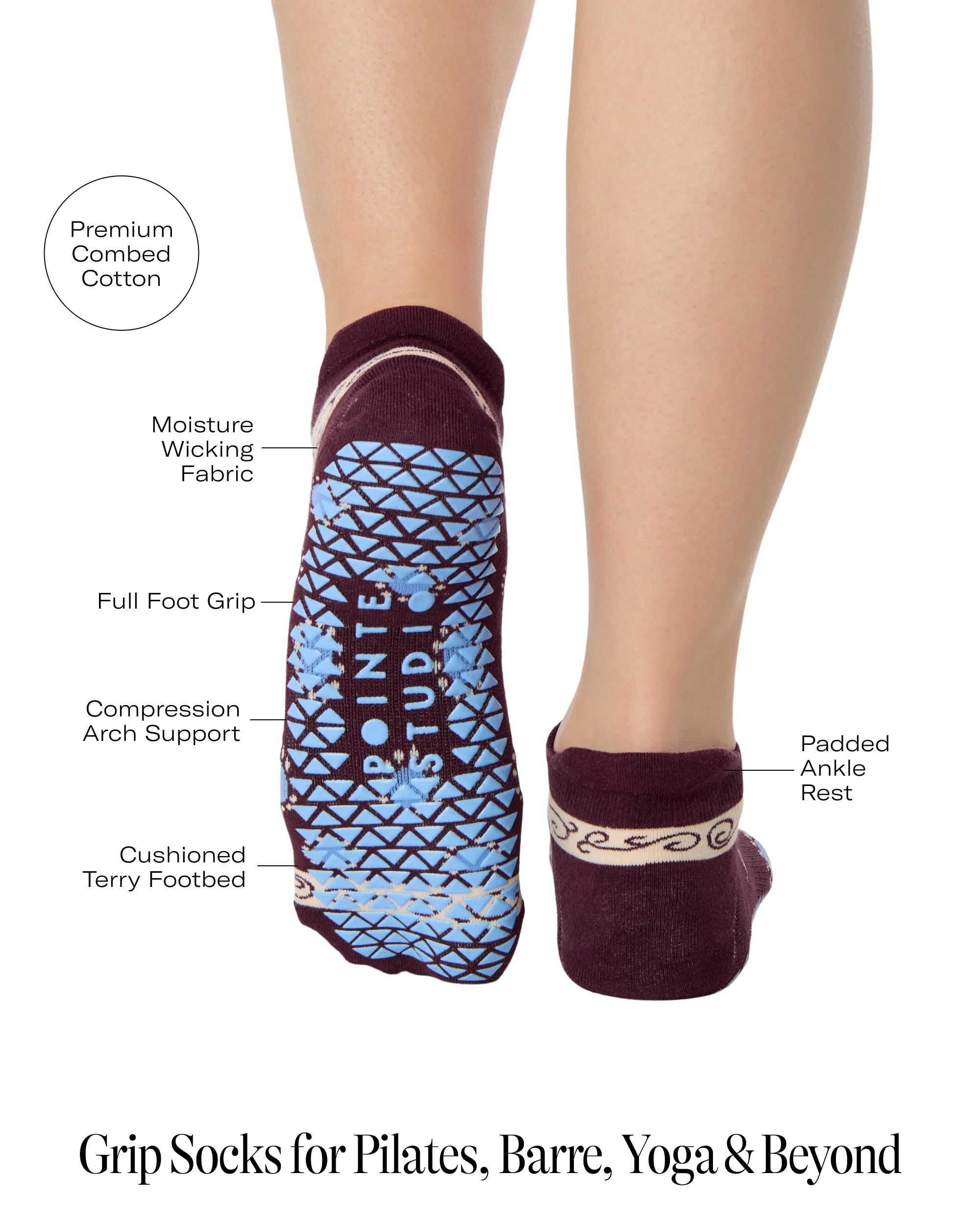 Woman wearing a full foot grip sock that has the design of a classic bandana, in the hues brown cherry and blue and beige detailing. Made for pilates, barre, yoga and beyond. With the product features listed.