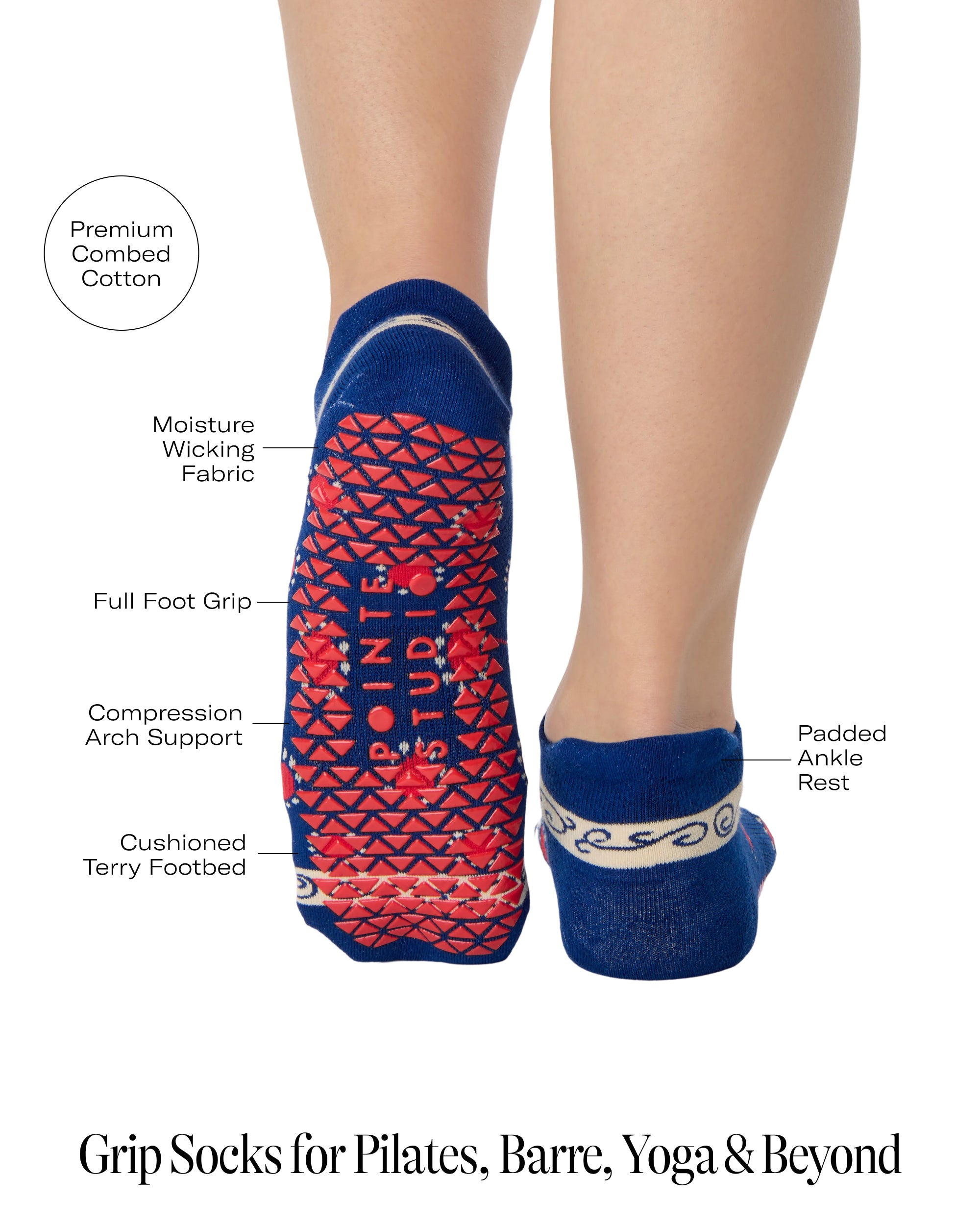 Woman wearing a full foot grip sock that has the design of a classic bandana, in a blue hue with red and white detailing. Made for pilates, barre, yoga and beyond. With all the product features listed.