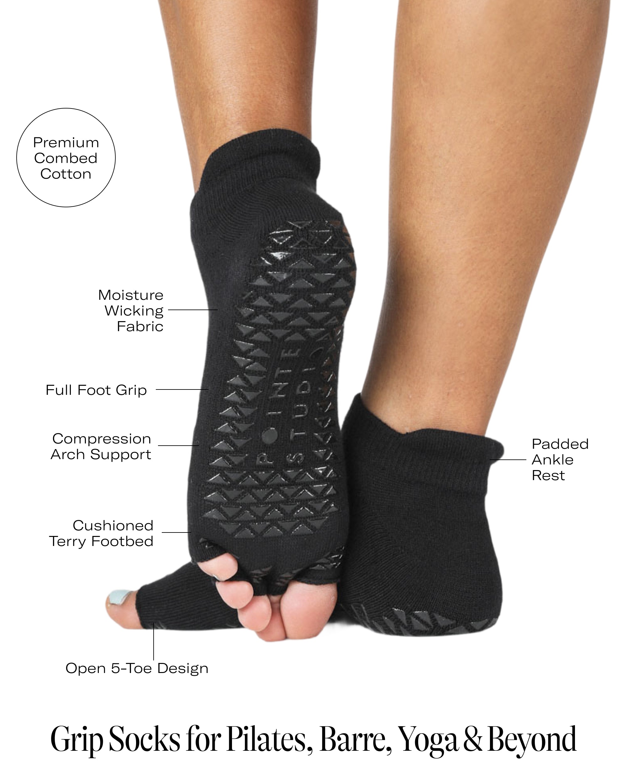 Women wearing a solid black full foot 5 toeless grip socks, made for pilates, barre, yoga, and beyond with the product features listed.