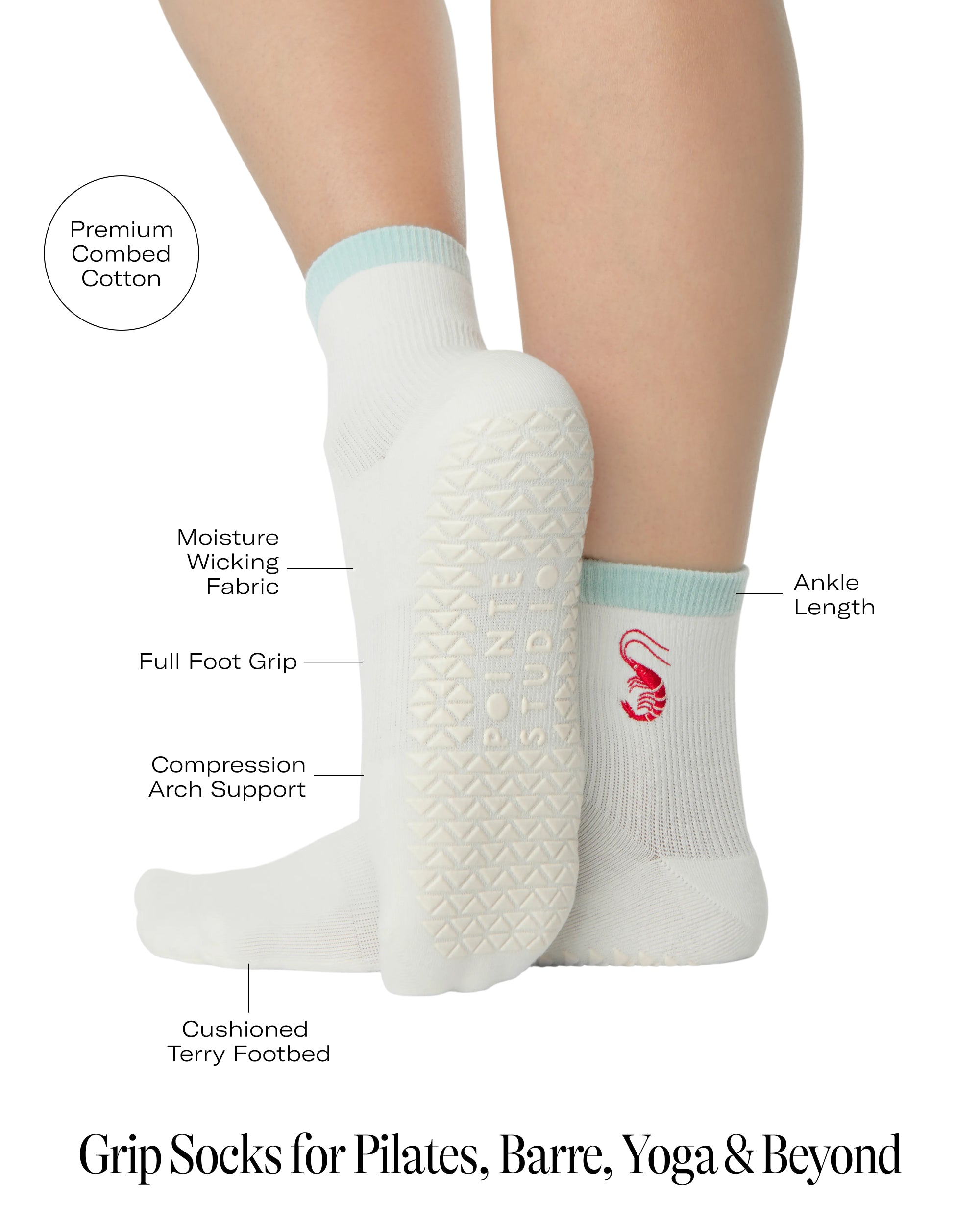 Woman wearing a solid white ankle grip sock with a light blue solid cuff and a red shrimp embroidered on the ankle. Made for pilates, barre, yoga, and beyond. With a list of all of the product features.