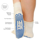 Women wearing off white ankle grip socks with blue happy face for Pilates, Barre, Yoga, and beyond. 