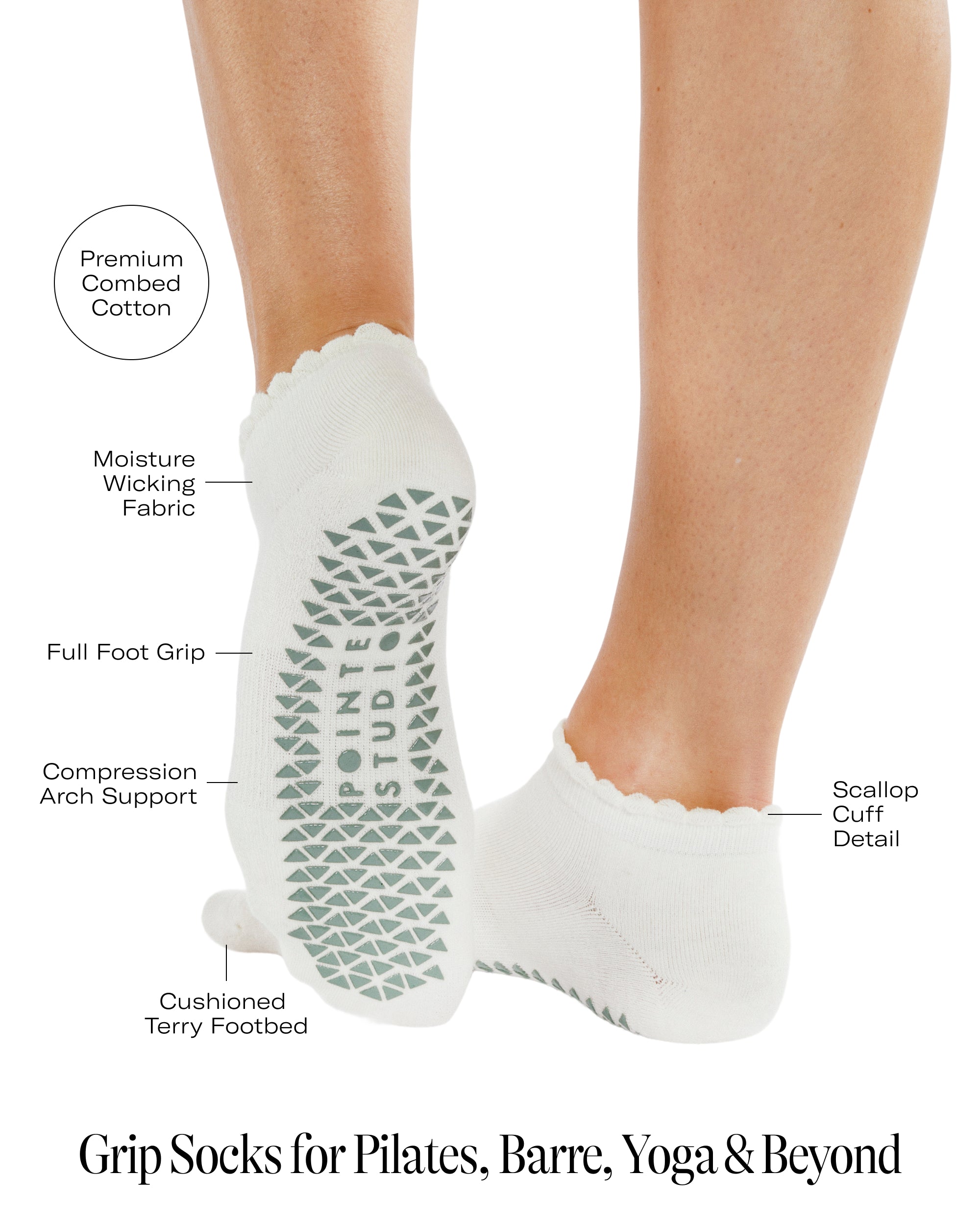 Women wearing white grip socks with green smiley face for Pilates, Barre, Yoga, and beyond with all features listed