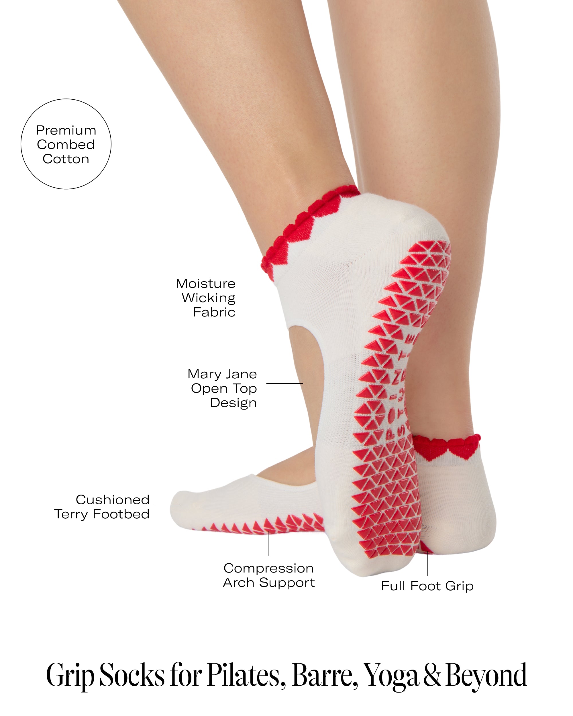 Woman wearing solid white strap grip sock with red heart wrapping around the scalloped cuff, made for pilates, barre, yoga, and beyond. With all the product features listed.
