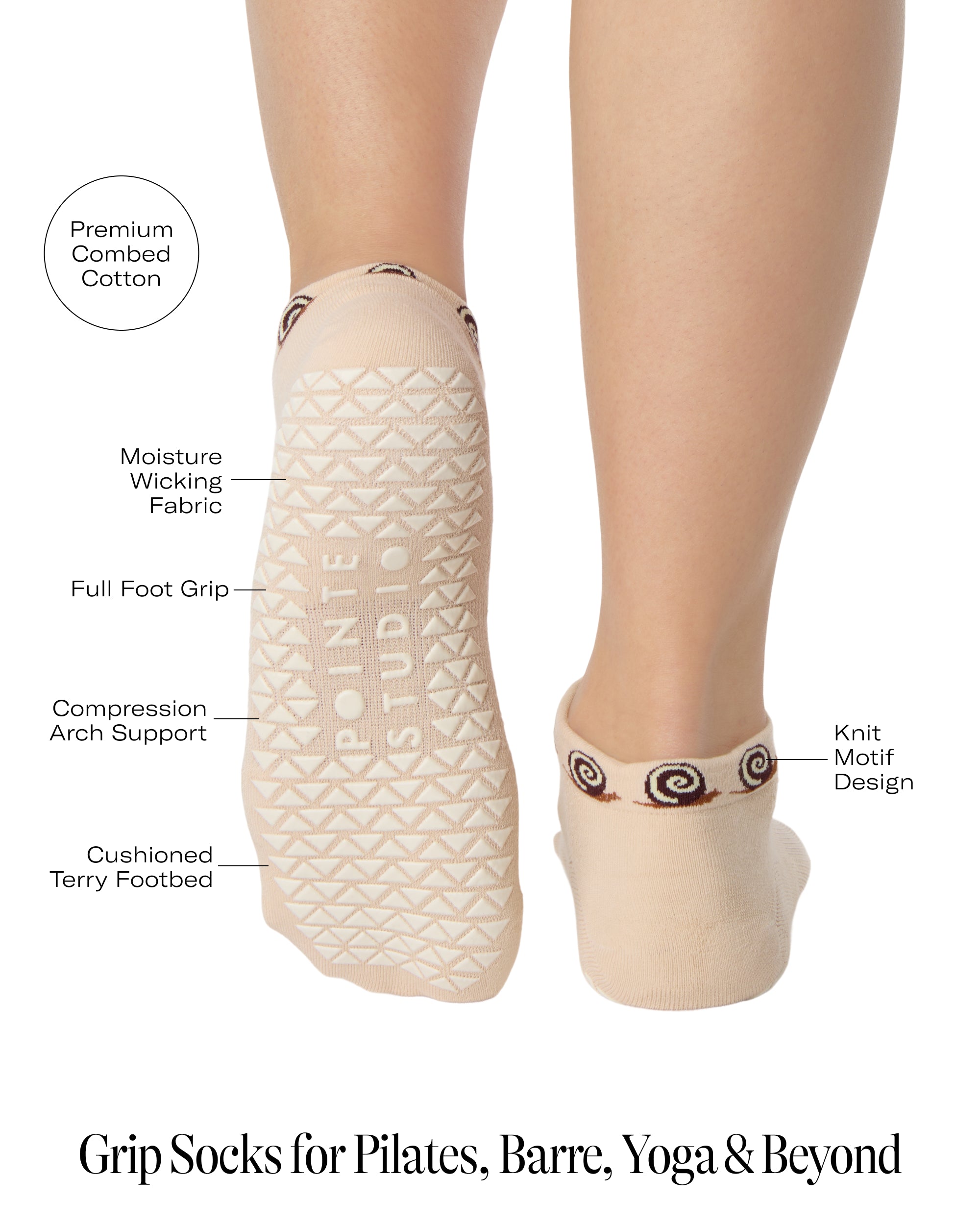 Woman wearing a beige sold color full foot grip sock with snails circling the cuff. Made for pilates, barre, yoga, and beyond. With product features listed.