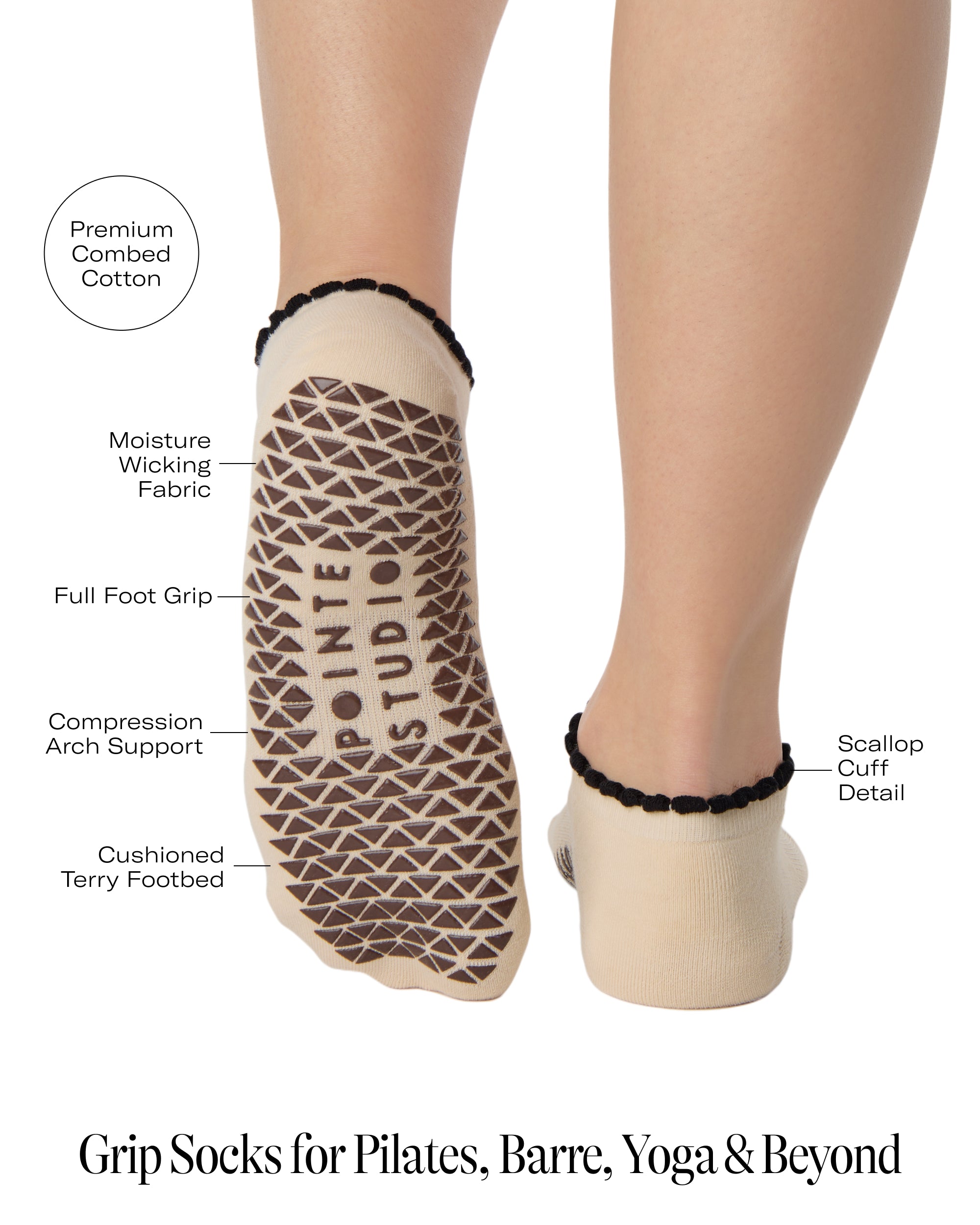 Woman wearing a beige full foot grip sock with a horse on the top and a horseshoe embroidered along the ankle. Made for pilates, barre, and yoga. With the product features listed.