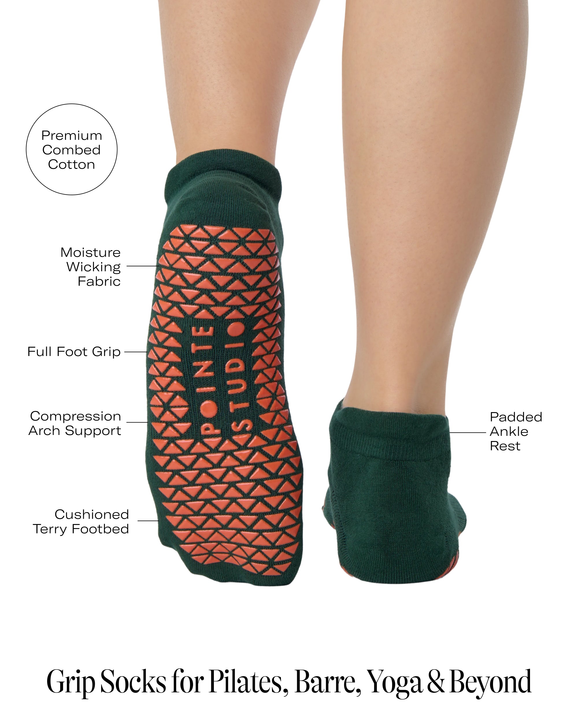 Woman wearing a green full foot grip sock with a yellow namaste message. Made for pilates, barre, yoga, and beyond. With the product features listed. 