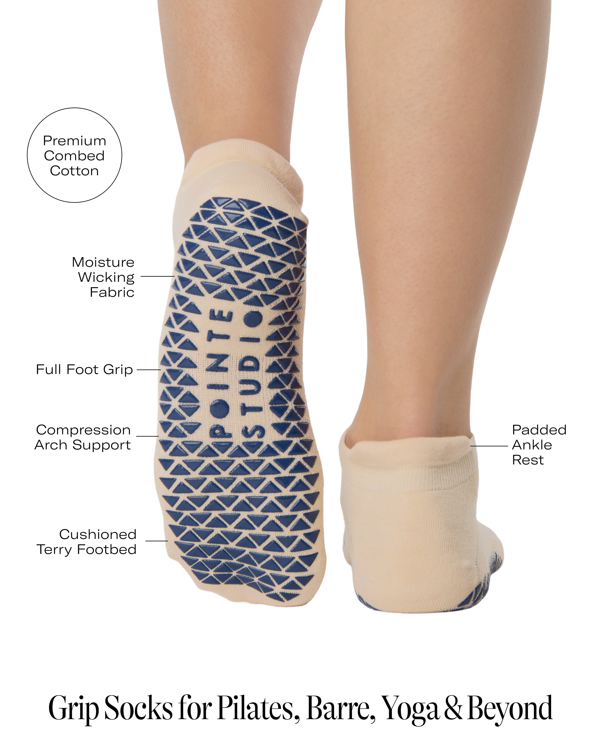 Woman wearing a beige full foot grip sock with a blue namaste message. Made for pilates, barre, yoga, and beyond. With all the product features listed.