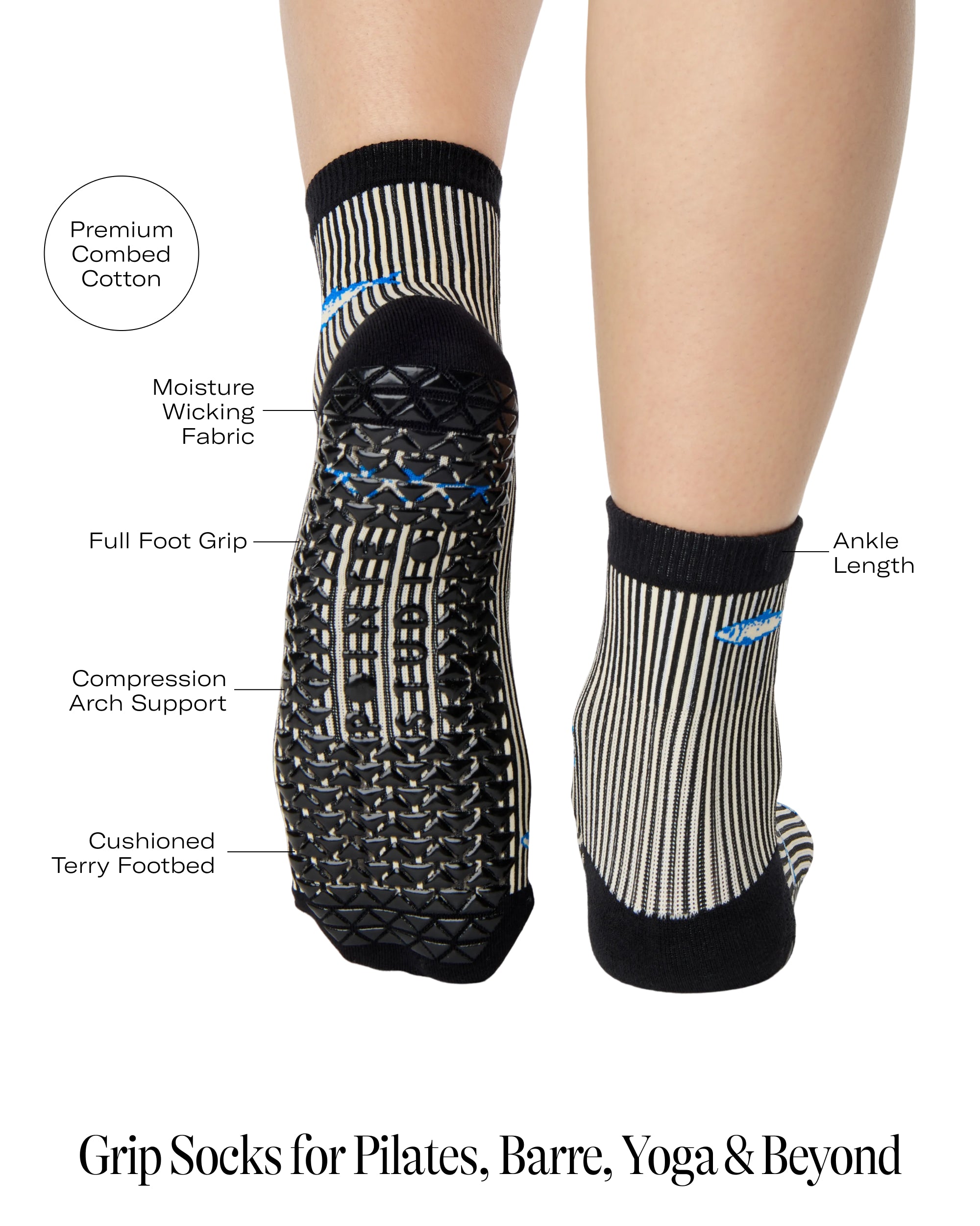 Woman wearing a black and white striped ankle grip sock with sardines swimming around the sock. Made for pilates, barre, yoga, and beyond. With a list of all the product features.