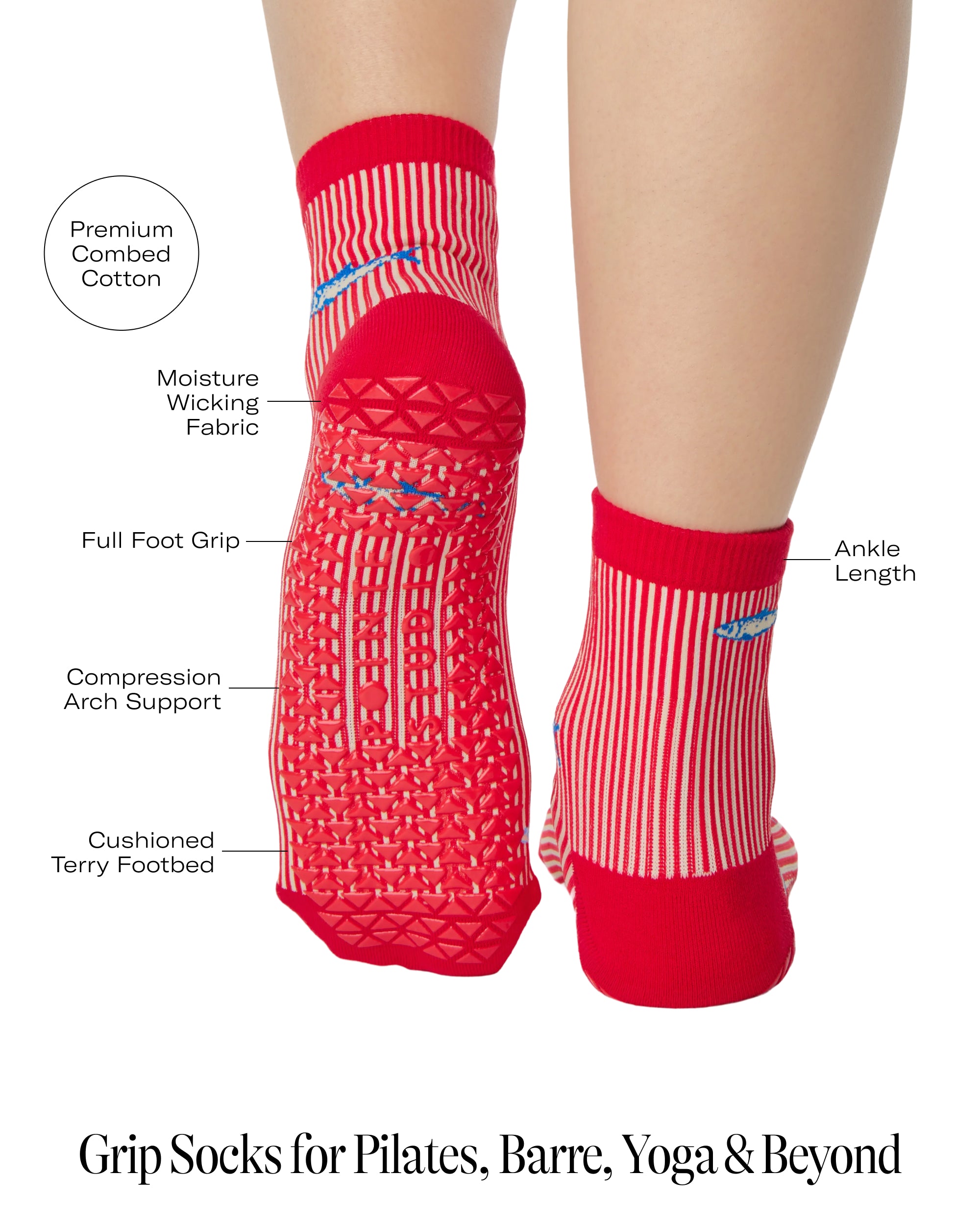 Woman wearing a red and white striped ankle grip sock with sardines swimming around the sock. Made for pilates, barre, yoga, and beyond. With all the product features listed. 