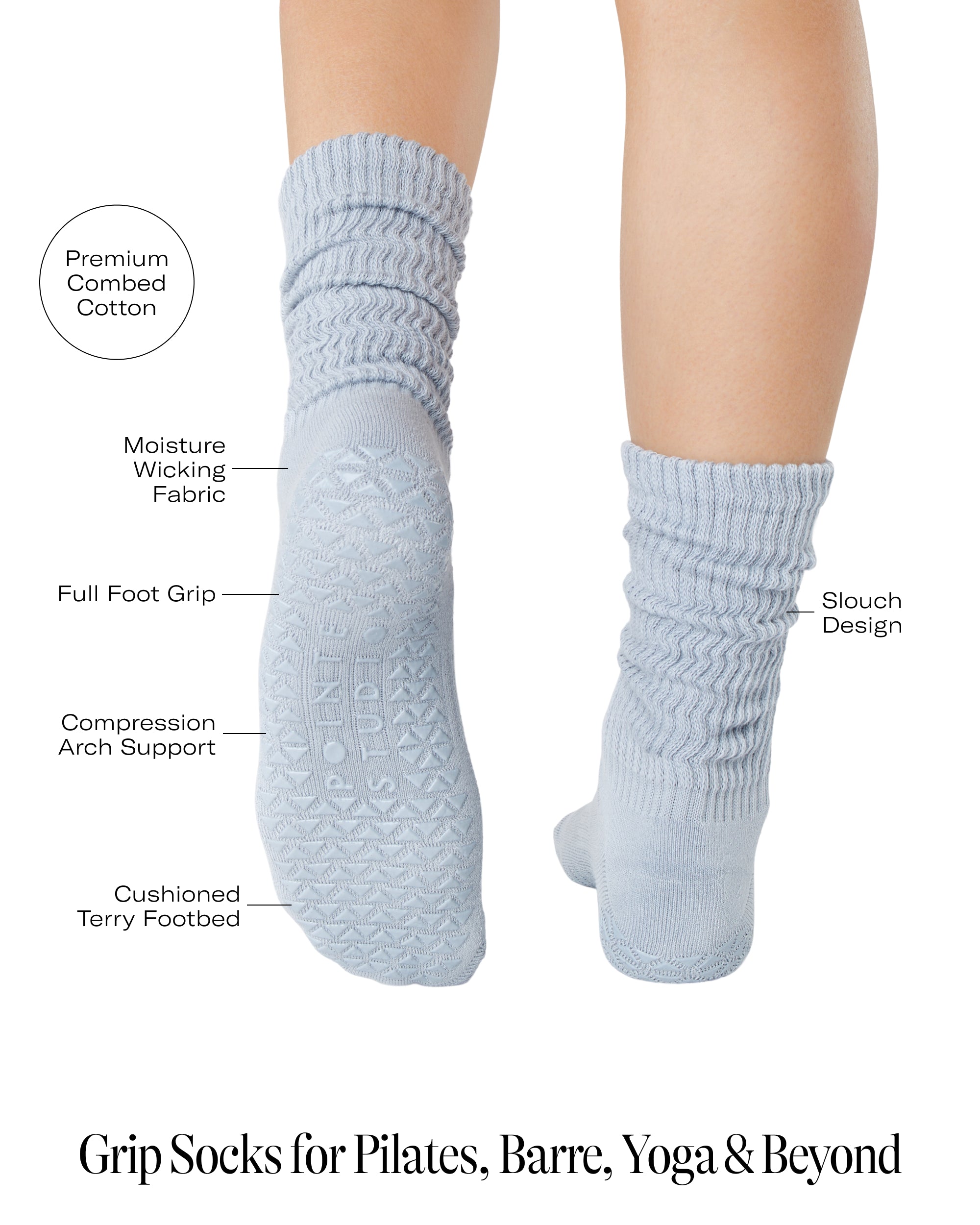 Women wearing a light blue mid-weight knit grip sock that scrunches, made for Pilates, Barre, Yoga, and Beyond and a list of product features.