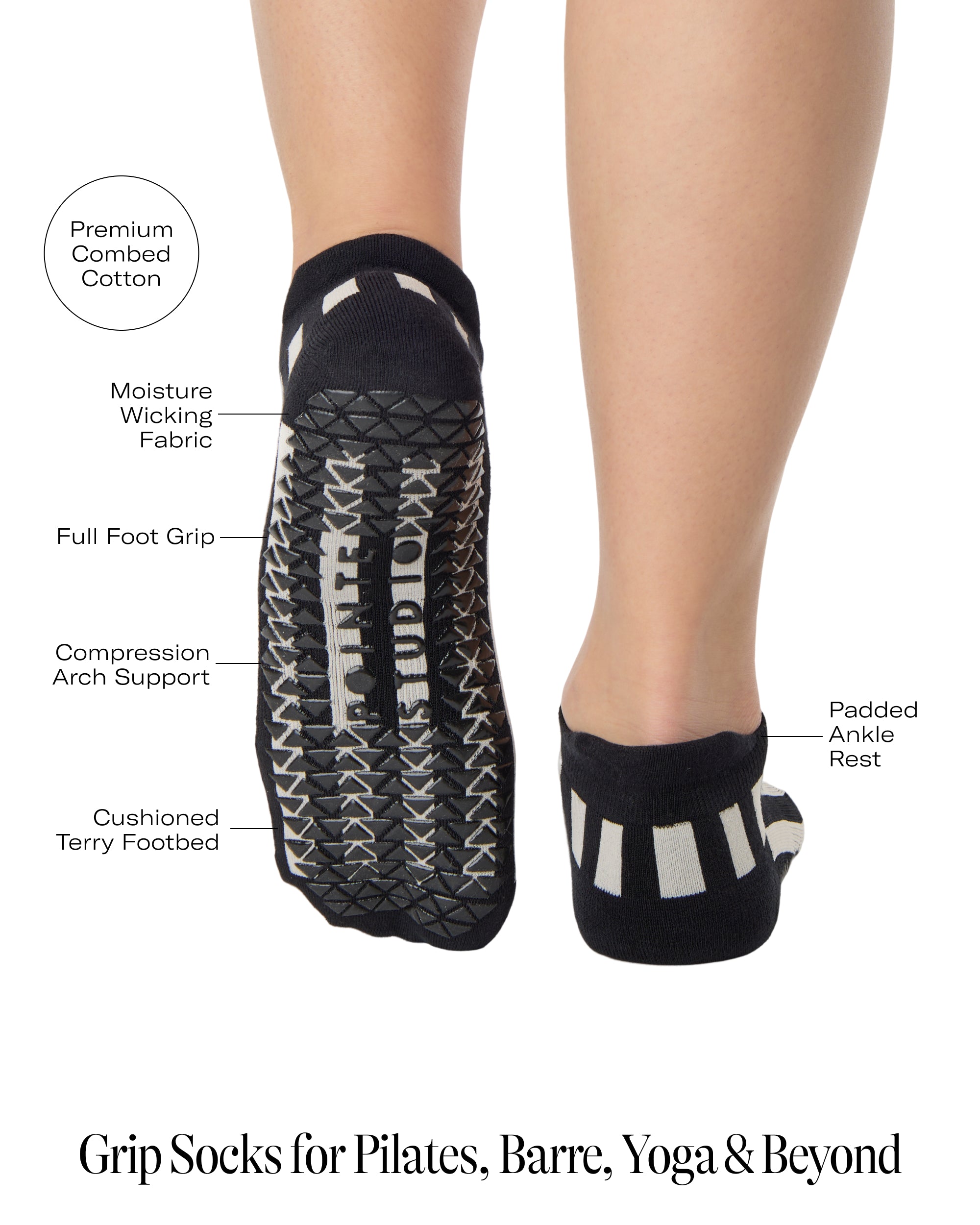 Women wearing a black and grey stripped full foot pilates grip sock, made for pilates, barre, yoga, and beyond. With all the product features listed. 