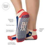Woman wearing a playfully blue, white, and red stripped full foot grip sock with a little embroidered smiley face by the ankle. Made for pilates, barre, yoga, and beyond. With all the product features listed.