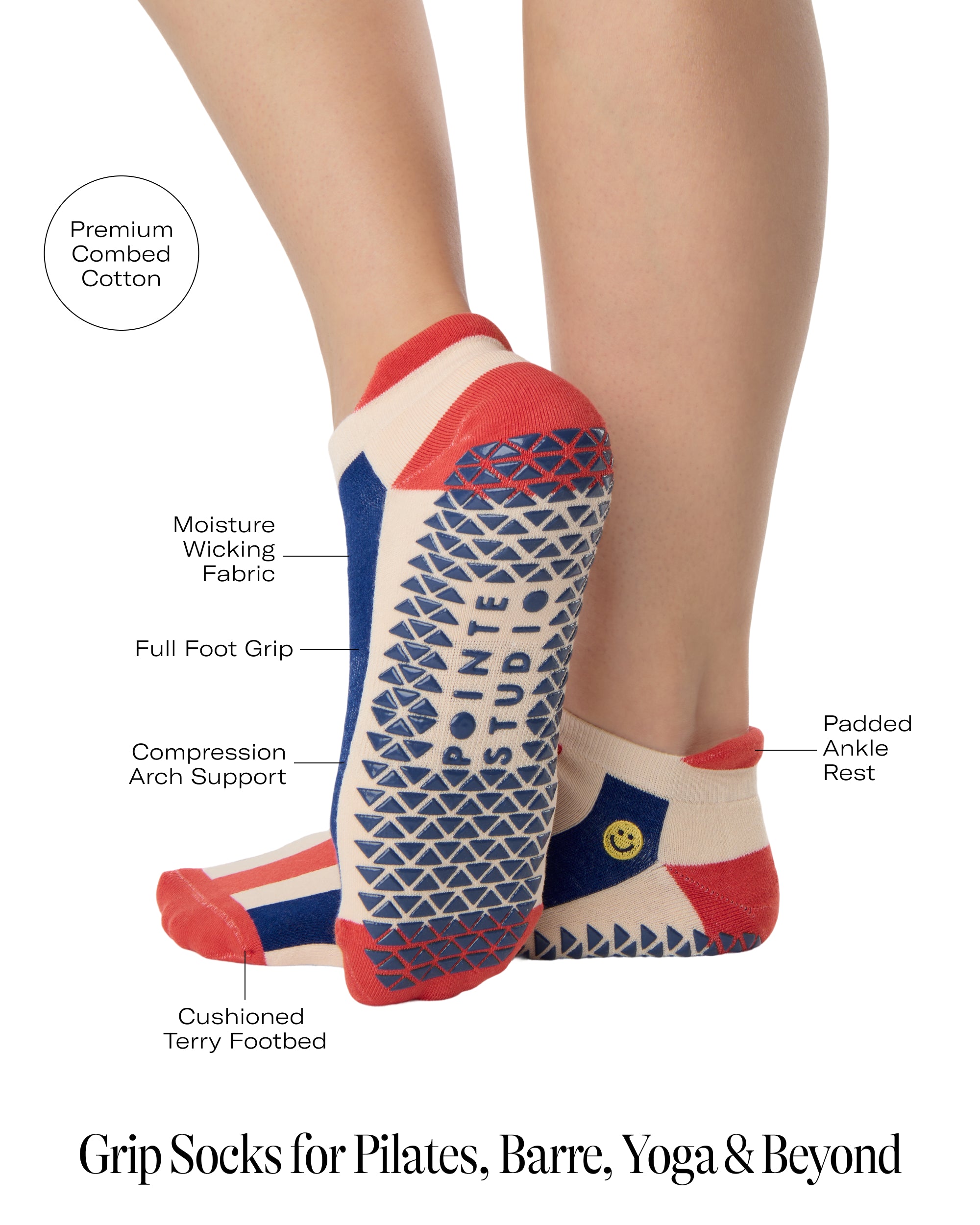 Woman wearing a playfully blue, white, and red stripped full foot grip sock with a little embroidered smiley face by the ankle. Made for pilates, barre, yoga, and beyond. With all the product features listed.
