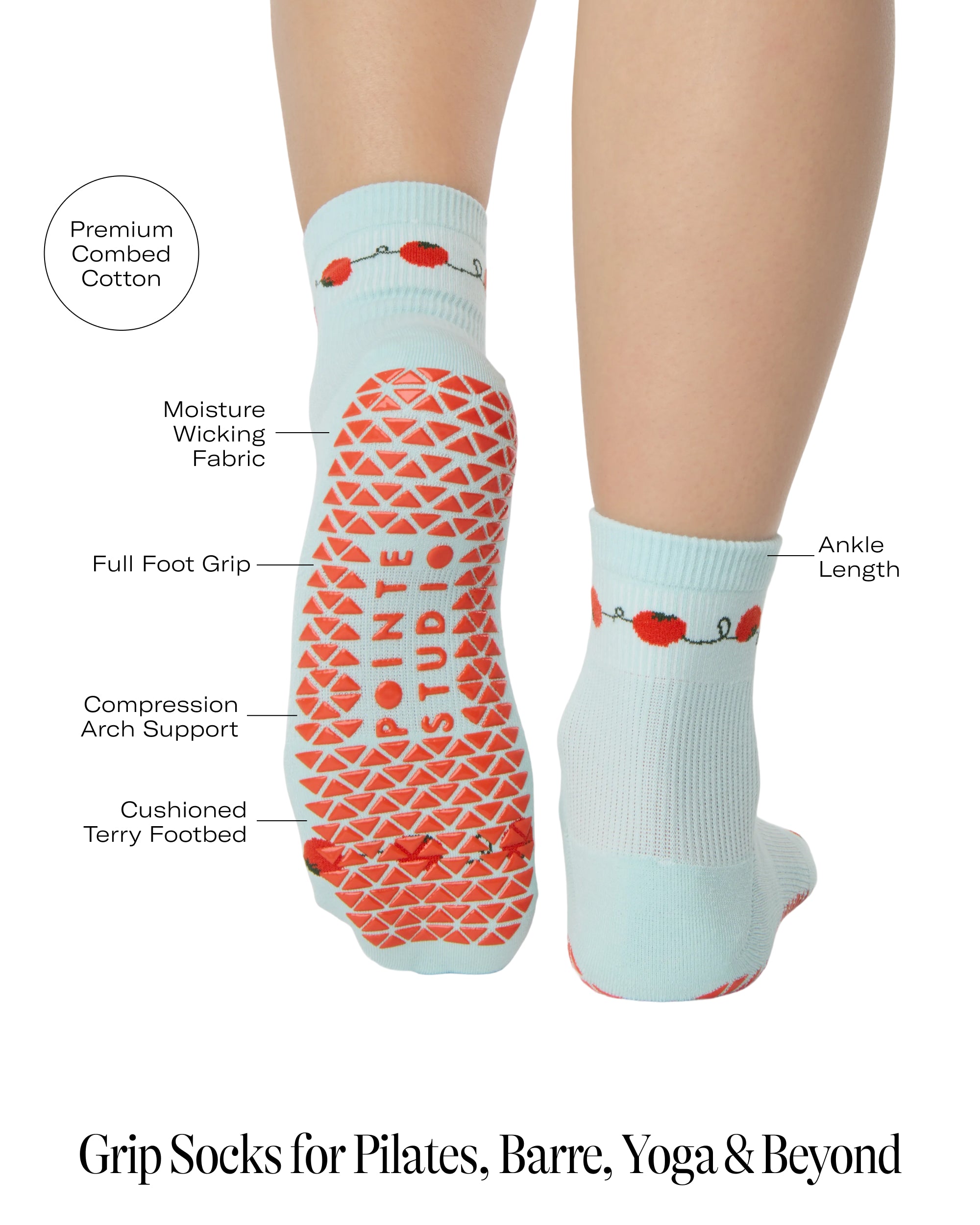 Woman wearing a solid light blue ankle grip sock with red tomatos on garden vines. Made for pilates, yoga, barre, and beyond. With a list of product features.